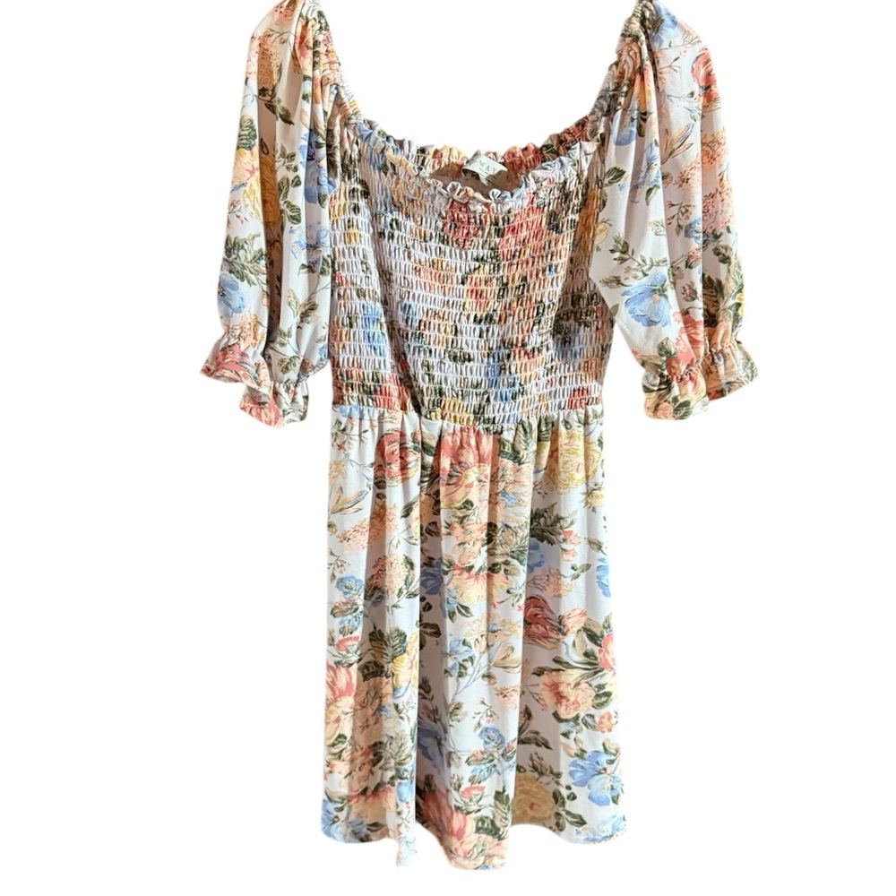 Wayf Blue Smocked Puff Sleeve Sundress